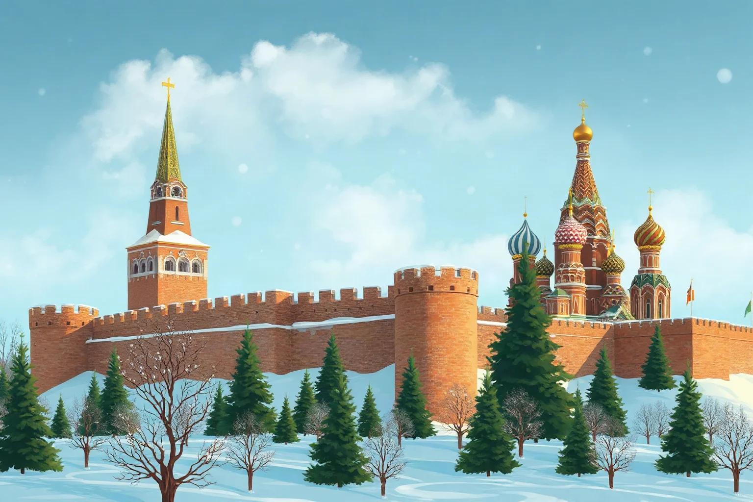 Illustration of a 16th-century Russian fortress and onion-domed cathedral under a wintry sky