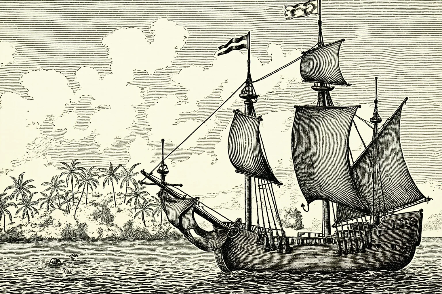 Illustration of a 16th-century Spanish galleon approaching a tropical archipelago