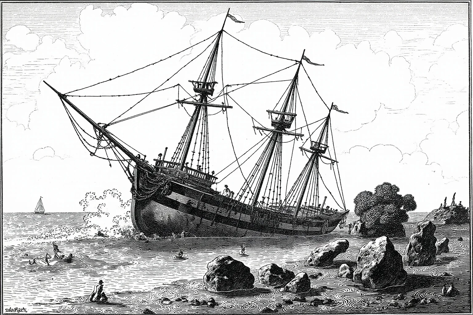 Lost At Sea: 20 Most Famous Shipwrecks in History 10 Illustration of a 17th-century Dutch trading ship wrecked on a reef near a remote rocky island