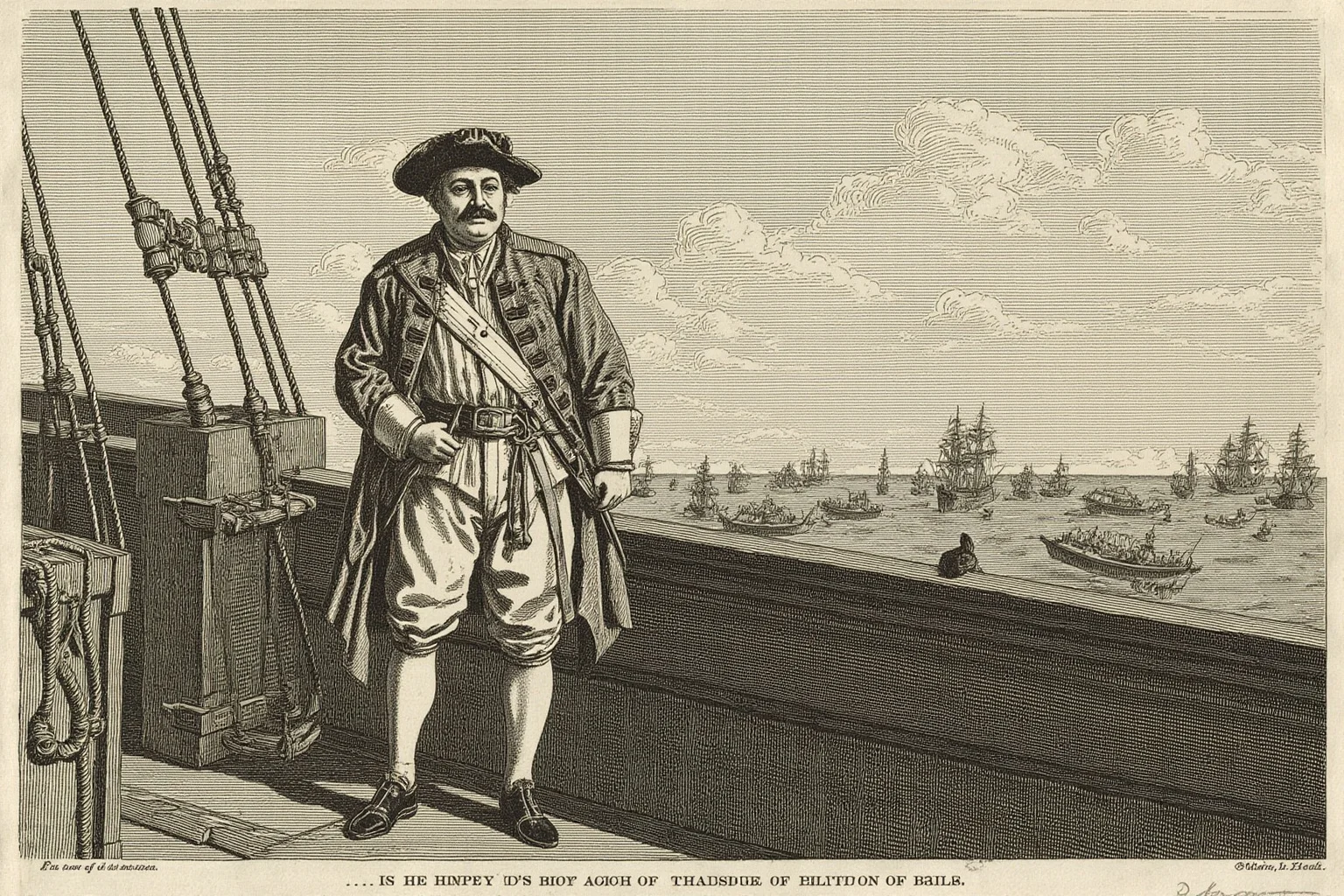 John Montagu, the Earl of Sandwich Who Popularized Our Favorite Lunch Food 15 Illustration of a 17th-century English naval commander on a warship deck during a sea battle, restoration-era style