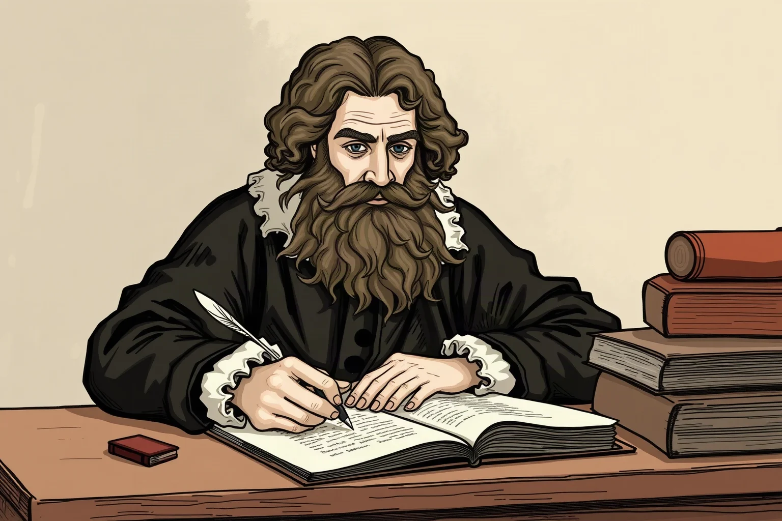 Illustration of a 17th-century European philosopher seated at a writing desk deep in thought, quill in hand