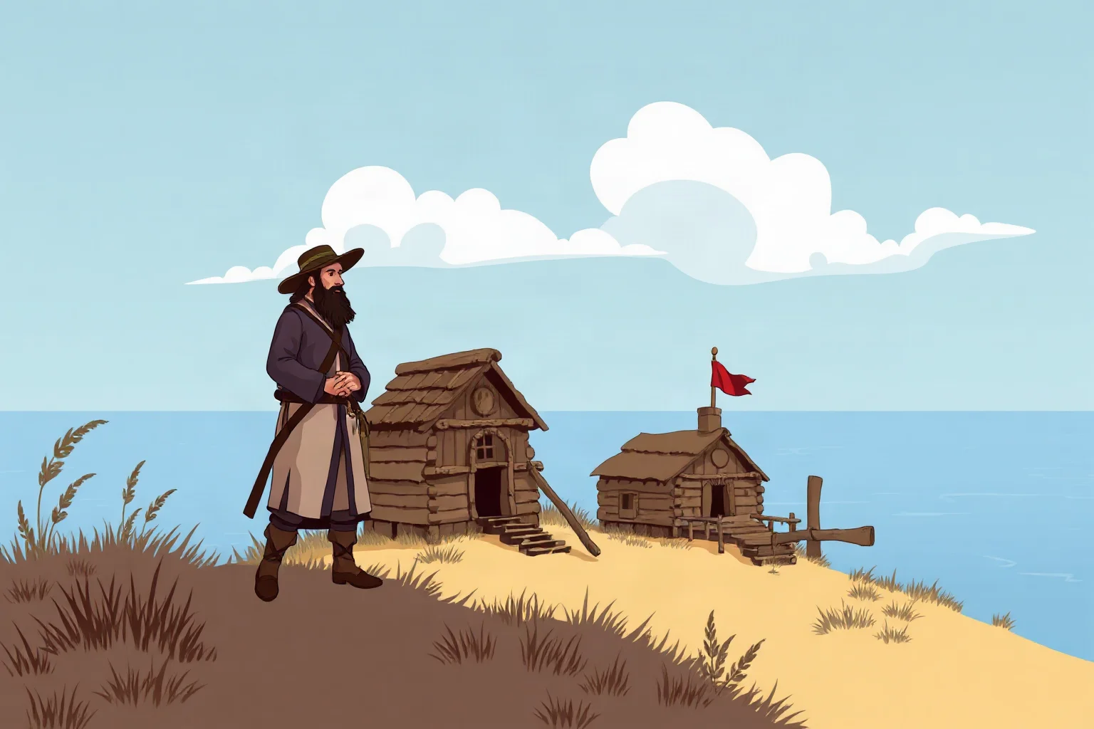 Illustration of a 17th-century explorer standing on a riverbank founding a small wooden settlement, historical illustration style