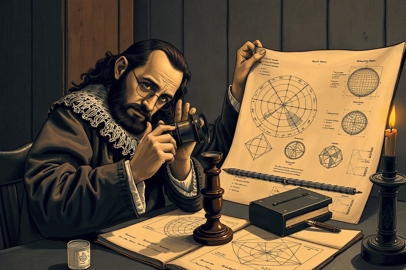 Illustration of a 17th-century philosopher studying a lens and geometric diagrams by candlelight