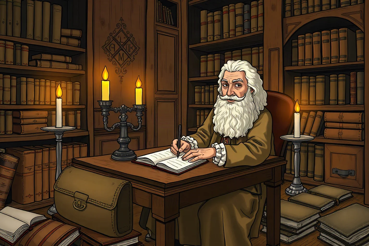 Illustration of a 17th-century philosopher writing at a wooden desk surrounded by leather-bound books and candlelight