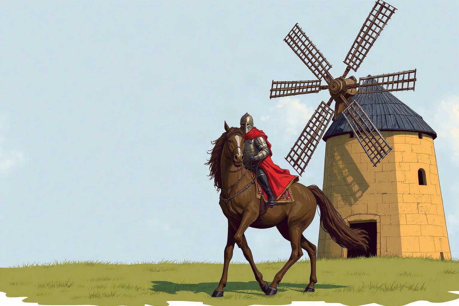 Illustration of a 17th century Spanish knight figure on a thin horse beside a windmill, evoking Don Quixote