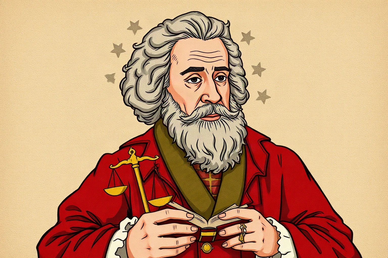 Illustration of a 17th-century thinker holding a book labeled with scales of justice and liberty symbols