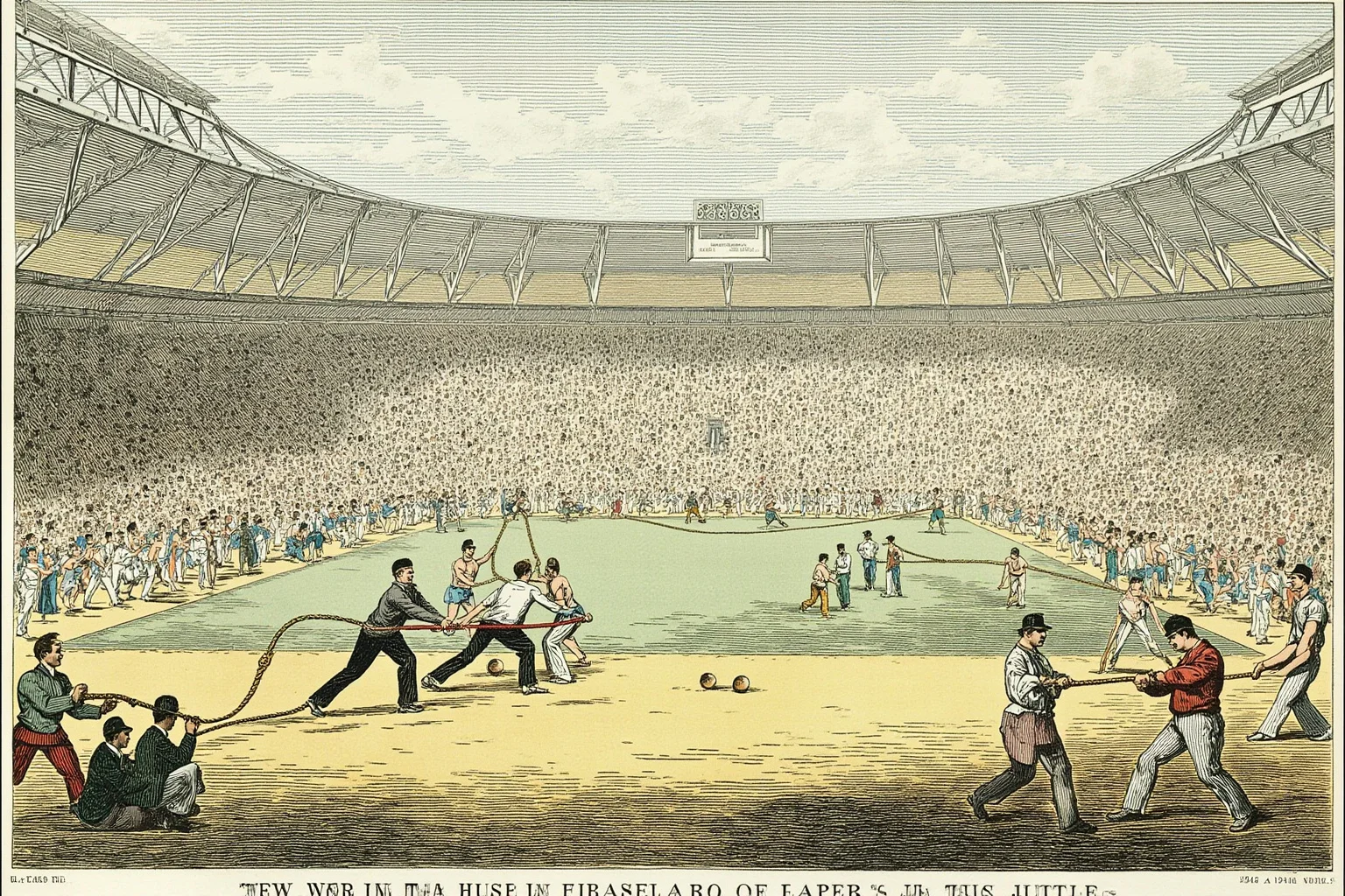 Tug of War Was Once an Olympic Sport—Here's Why It Got Removed 9 Illustration of a 1912-era Olympic stadium with a tug of war match underway between two international teams