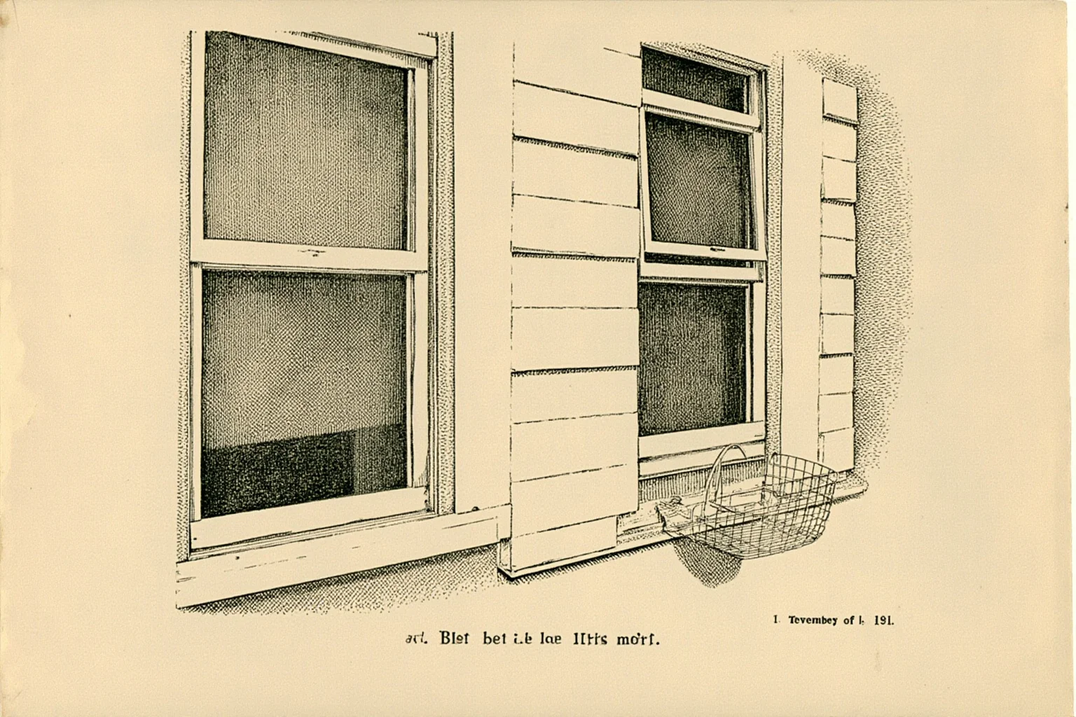 The Worst Inventions of All Time, Ranked 13 Illustration of a 1920s apartment building with a small wire basket hanging outside a window, vintage tone