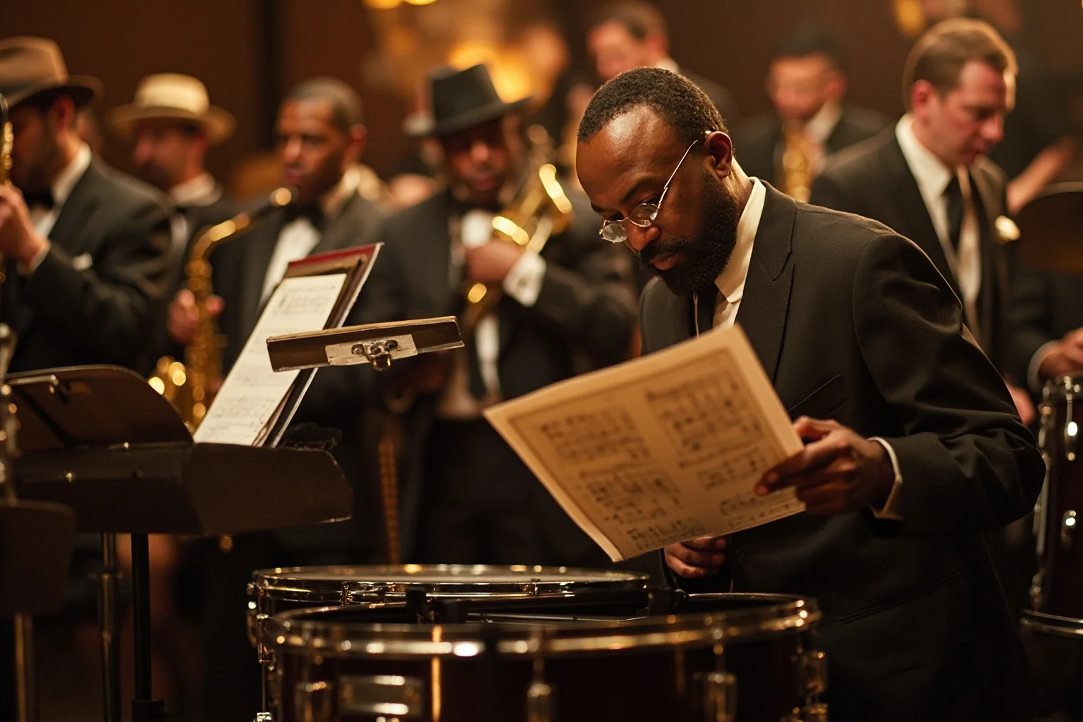Illustration of a 1920s Black bandleader and arranger reviewing sheet music with his jazz orchestra in rehearsal, warm indoor lighting