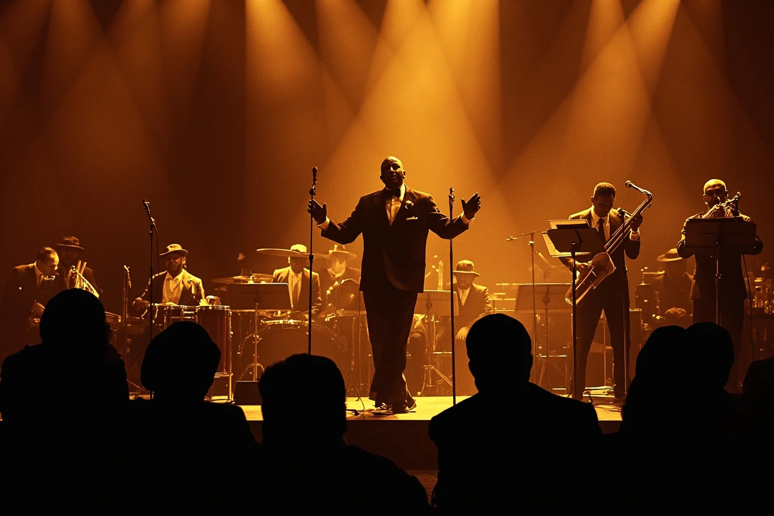 Illustration of a 1920s Black bandleader conducting a big-band jazz orchestra on a nightclub stage, warm golden stage lighting
