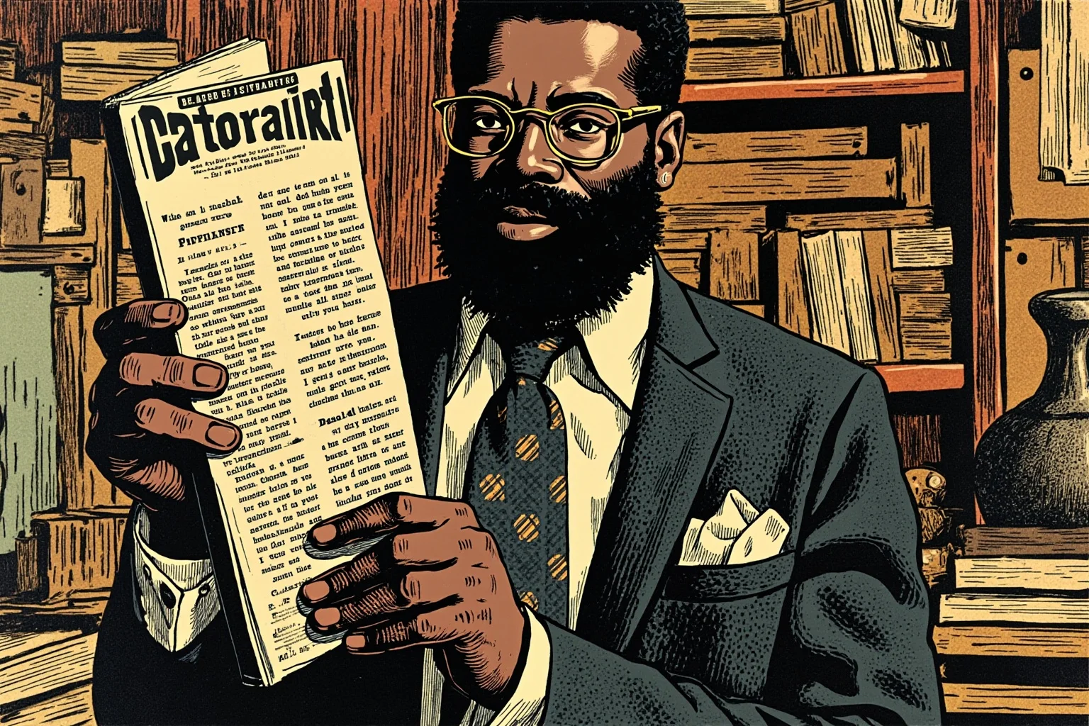 Illustration of a 1920s Black magazine editor holding up a small independent literary magazine, cluttered print shop background