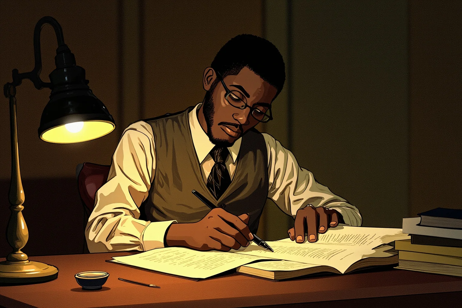 Illustration of a 1920s Black male poet writing at a wooden desk by lamplight, notebook and fountain pen visible, warm vintage color palette