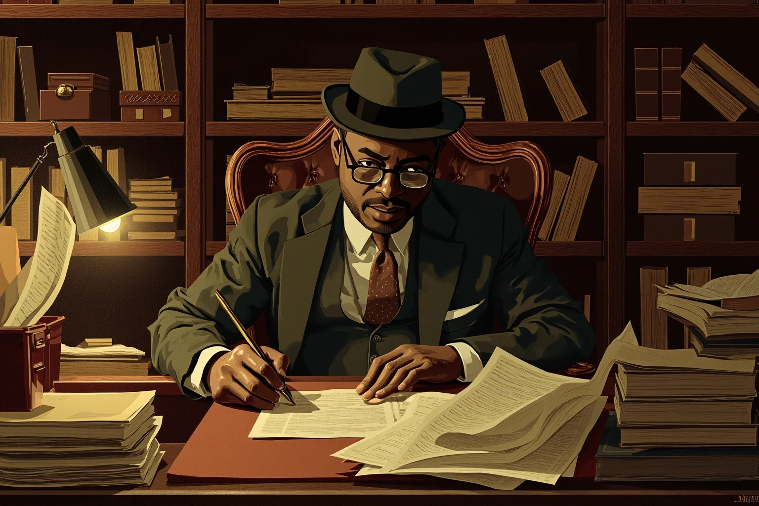 Illustration of a 1920s Black sociologist and magazine editor reviewing manuscripts at a cluttered office desk, warm library lighting