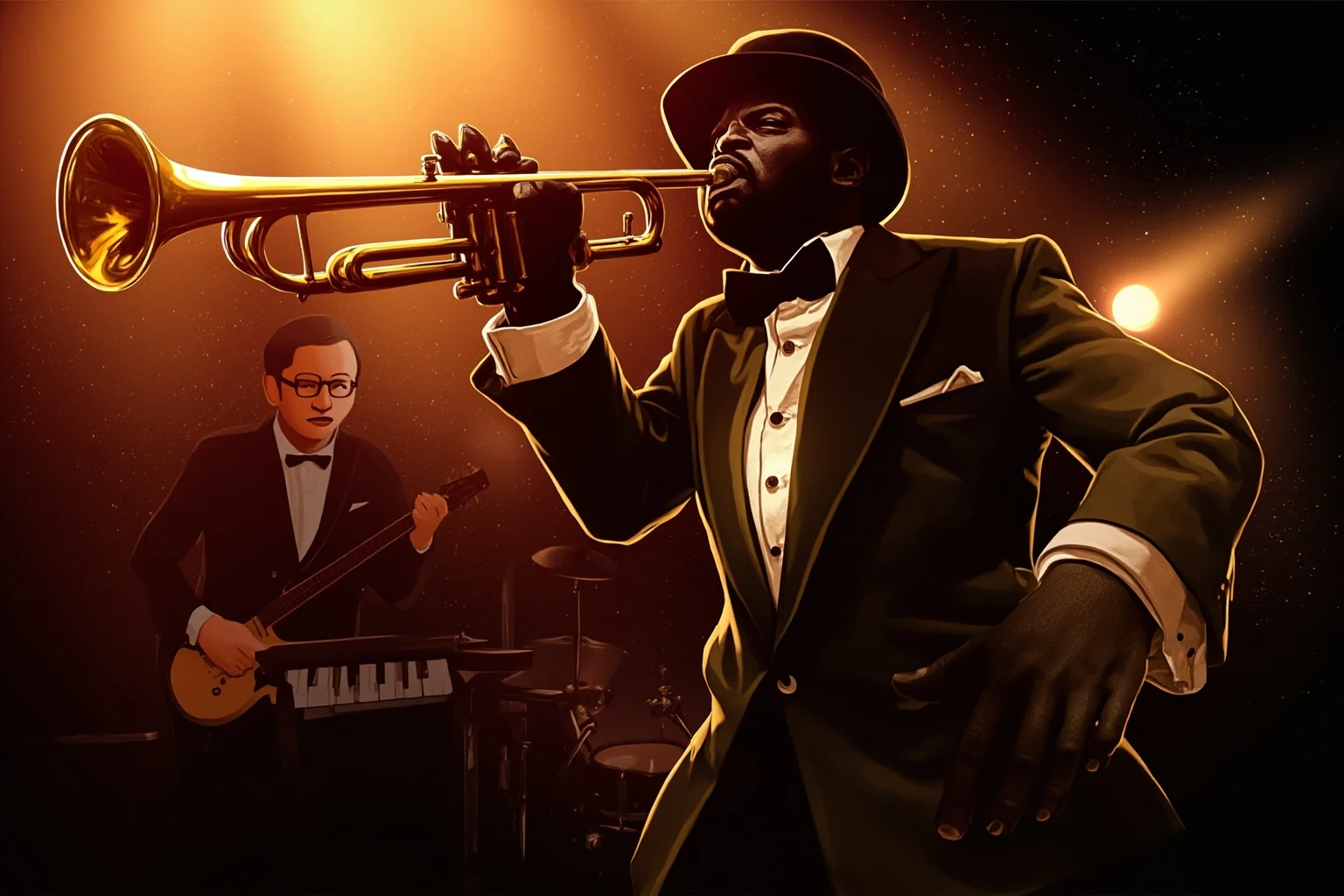 Illustration of a 1920s Black trumpet player performing energetically on a jazz club stage, dynamic warm lighting, smoky atmosphere