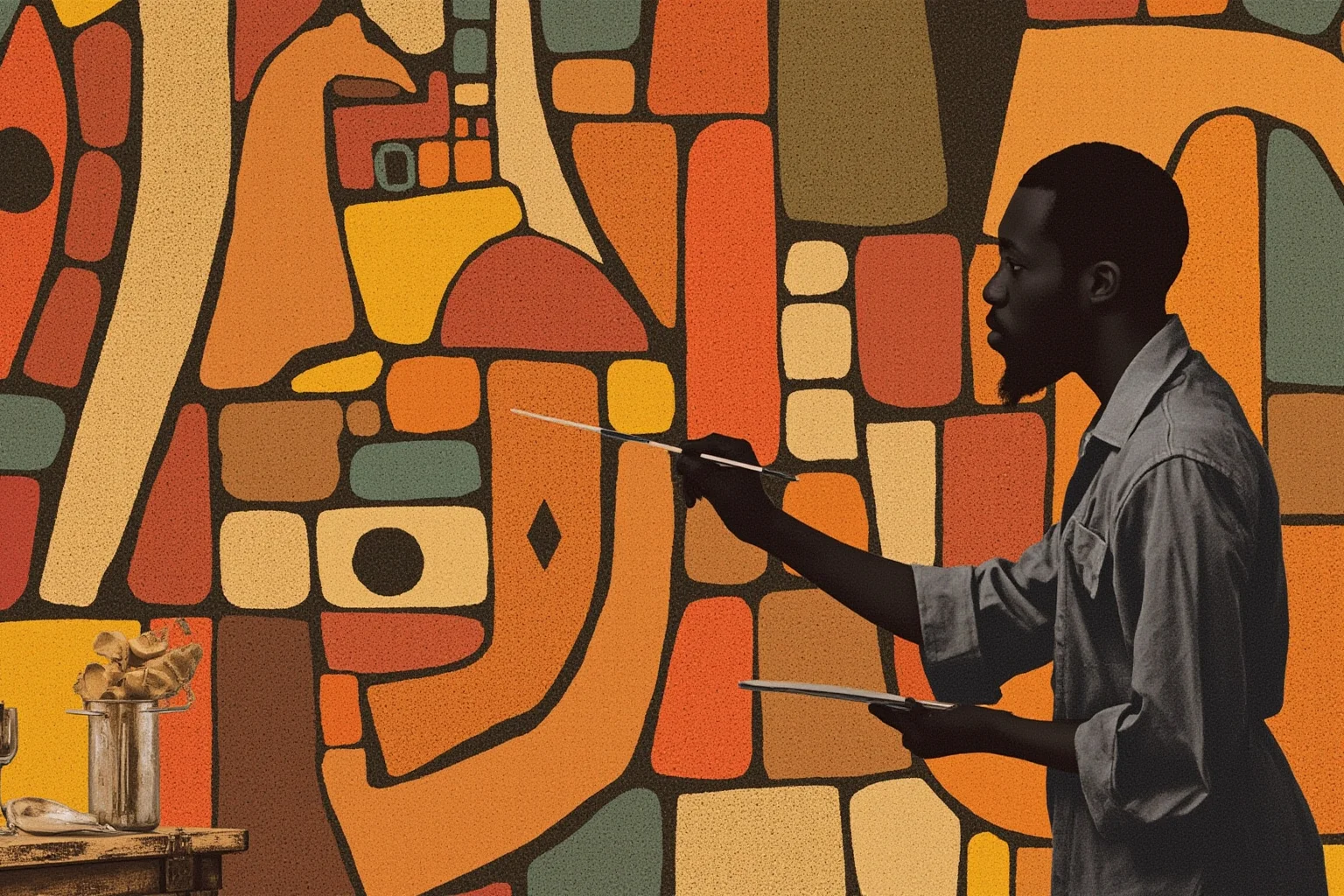 Illustration of a 1920s Black visual artist painting a large geometric mural inspired by African motifs, art studio setting, warm tones