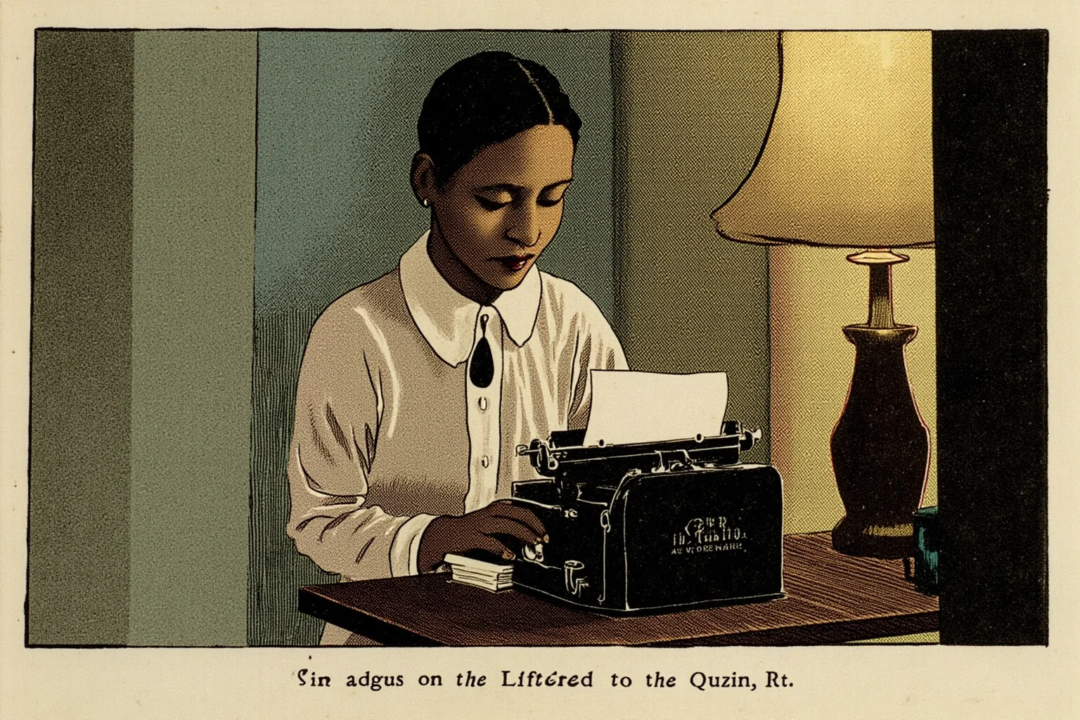 Illustration of a 1920s Black woman novelist seated at a typewriter in a modest apartment, thoughtful expression, soft indoor lighting