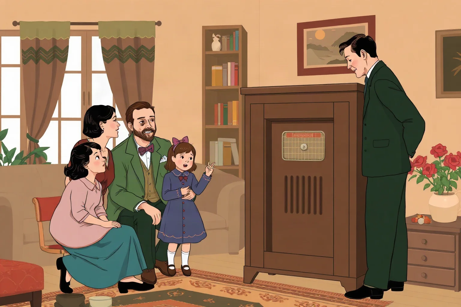 Illustration of a 1920s family gathered around a large wooden cabinet radio in a cozy living room