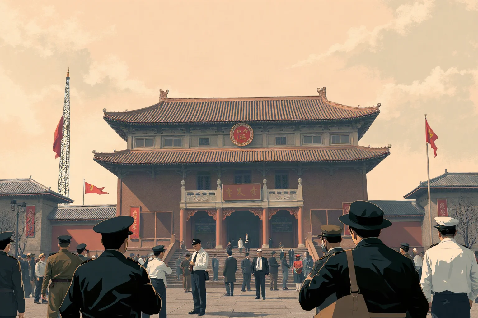 Illustration of a 1930s-era Chinese government building surrounded by tense administrative activity