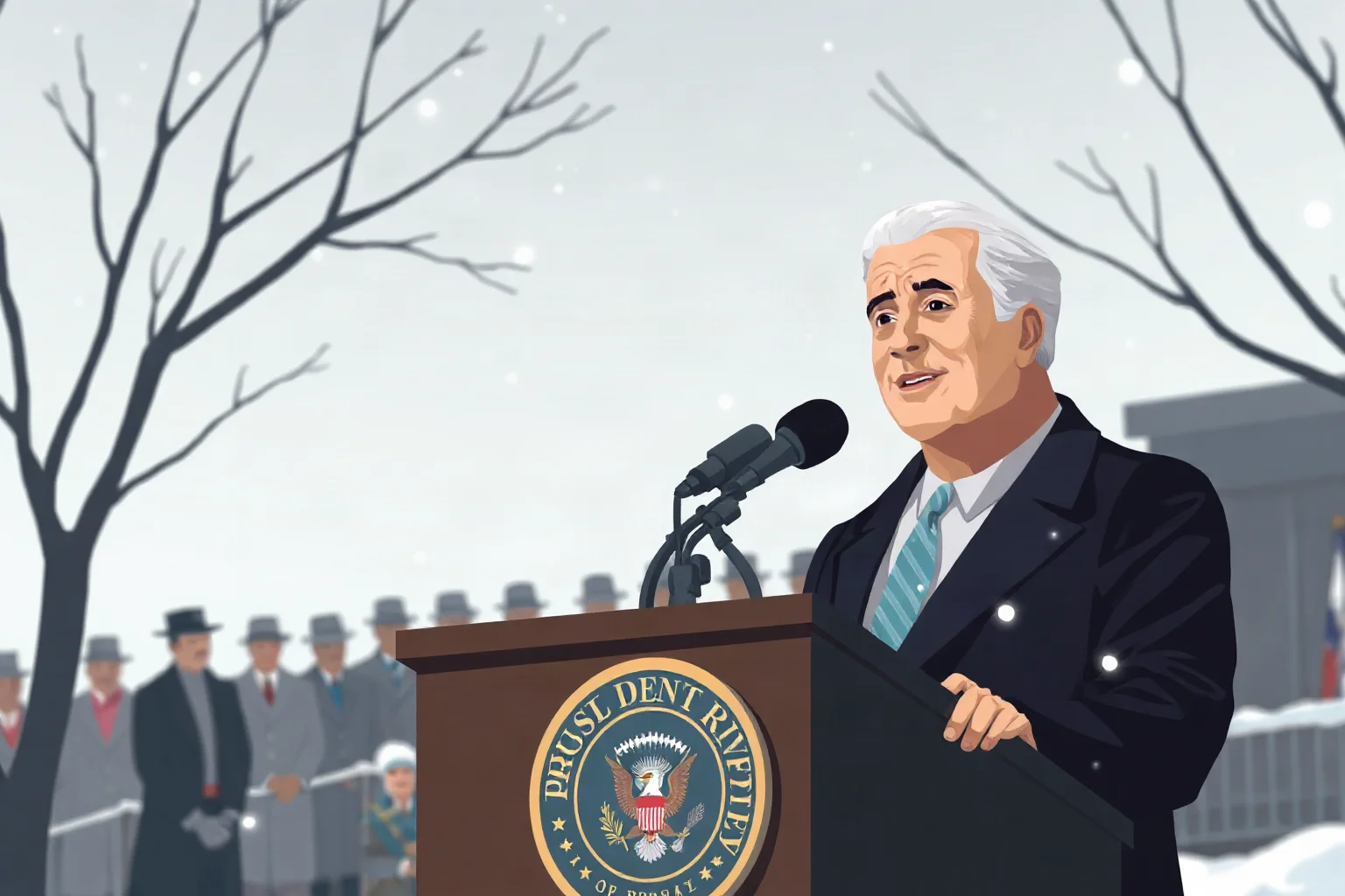 Illustration of a 1930s-era president delivering a speech from behind a podium outdoors on a cold day