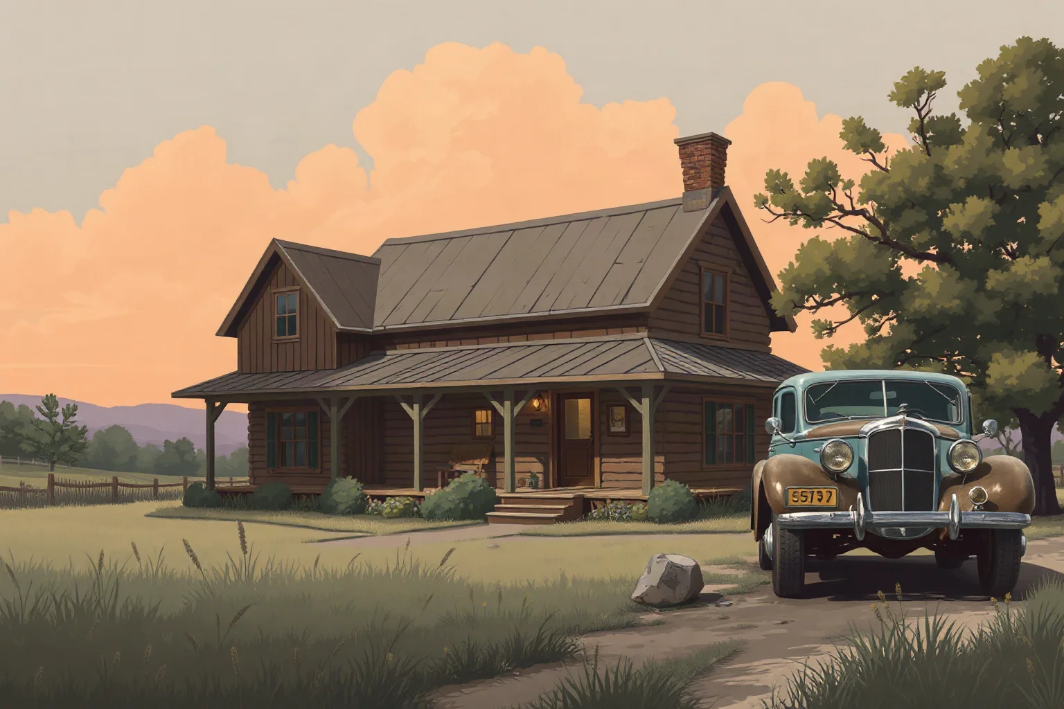 Illustration of a 1930s Midwest American farmhouse hideout with a vintage car parked outside