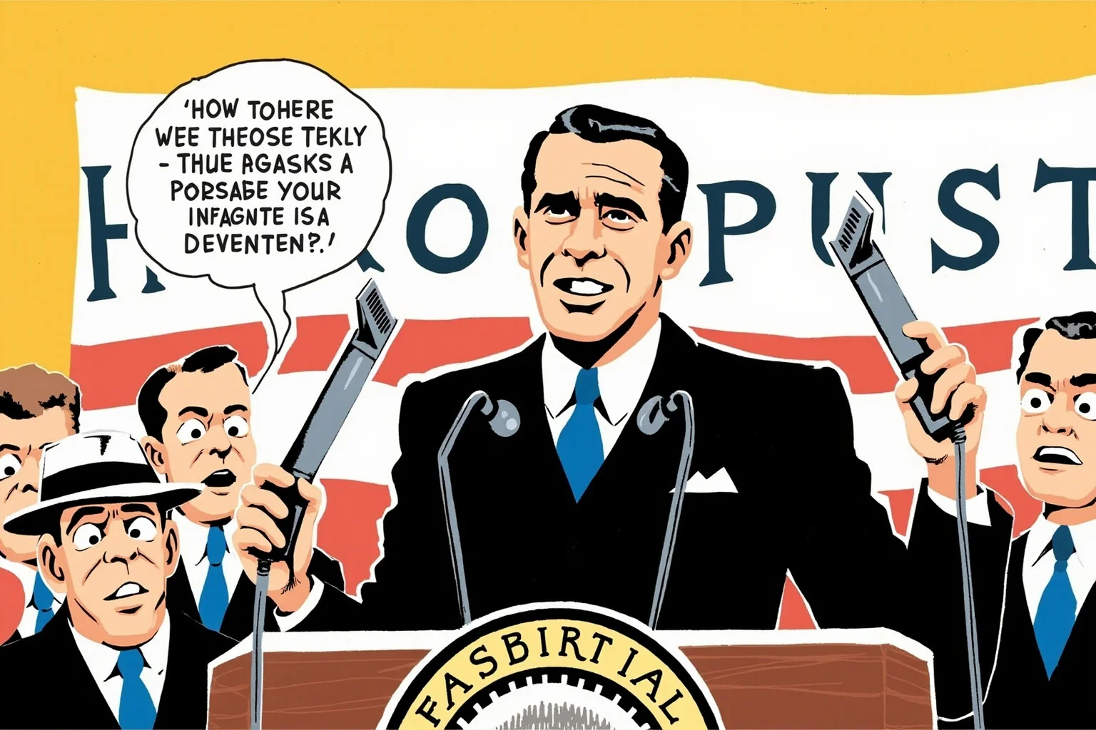 Illustration of a 1930s president speaking into old-style radio microphones at an inauguration podium