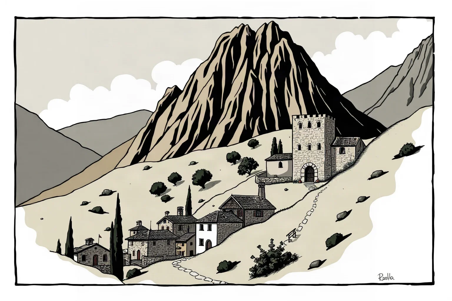 Illustration of a 1930s Spanish mountain village with a stone prison building in the background