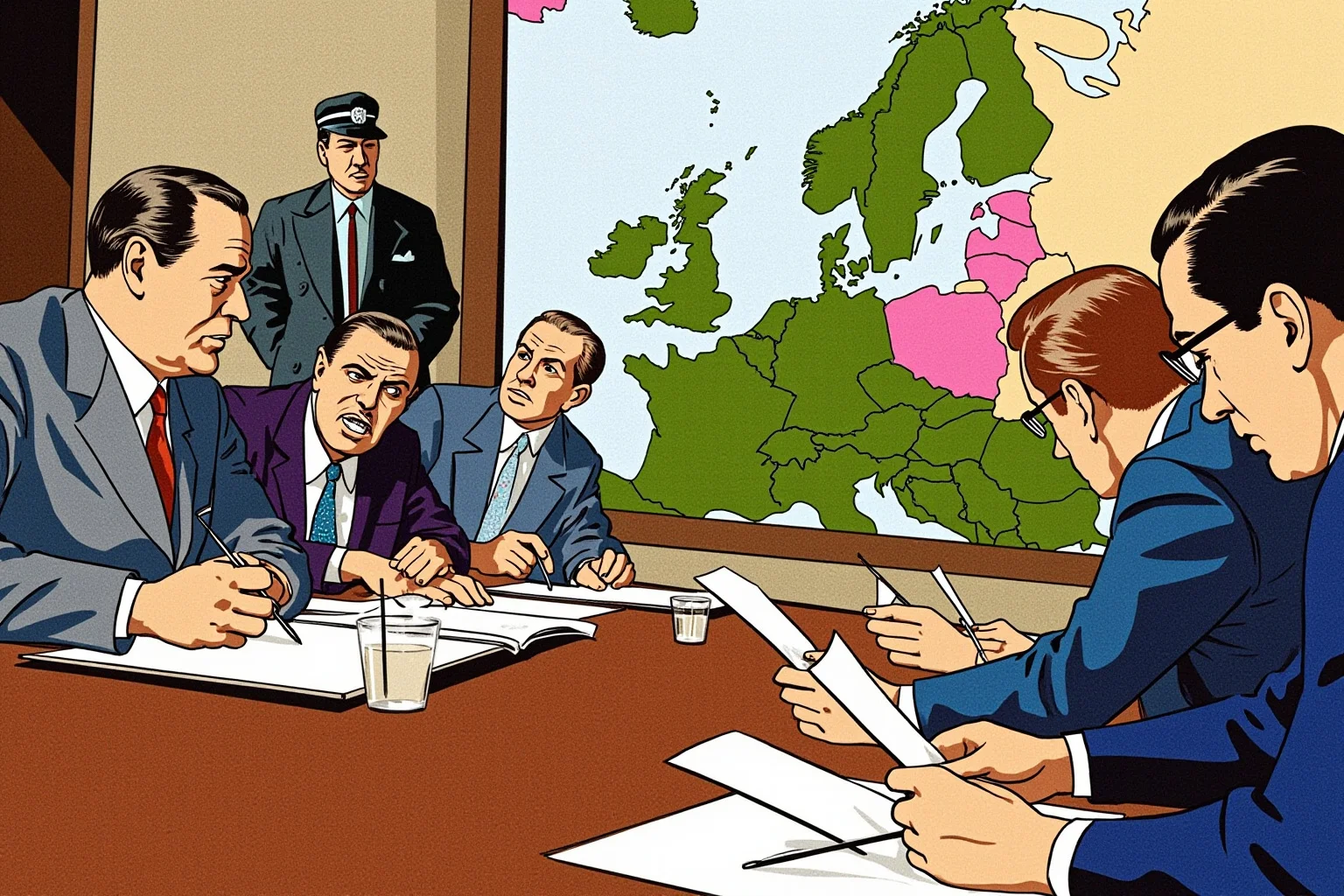 Illustration of a 1938 European conference room with tense diplomats and a map of Central Europe on the wall