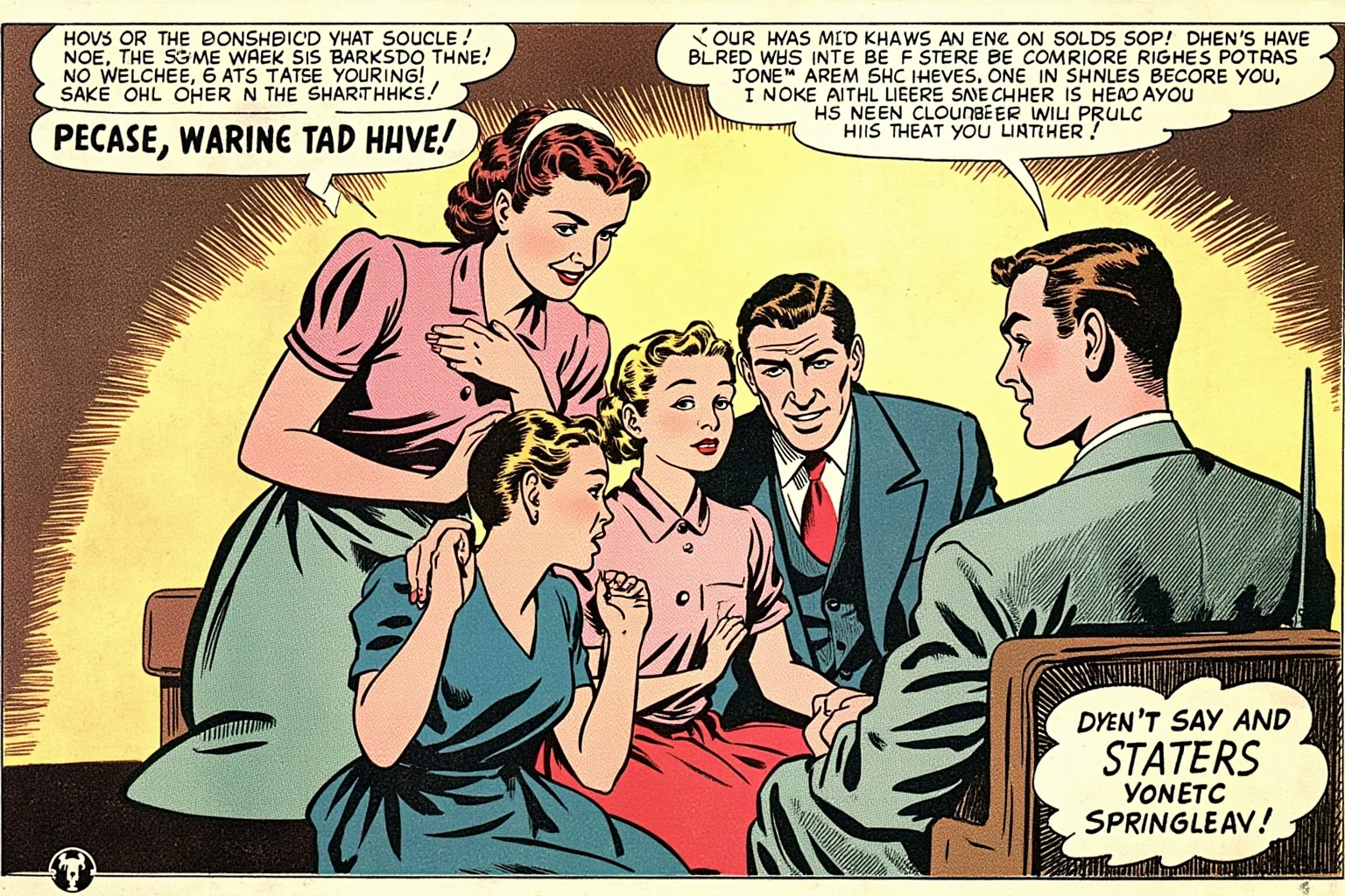 Illustration of a 1940s American family gathered around a radio listening intently, symbolizing shifting public opinion
