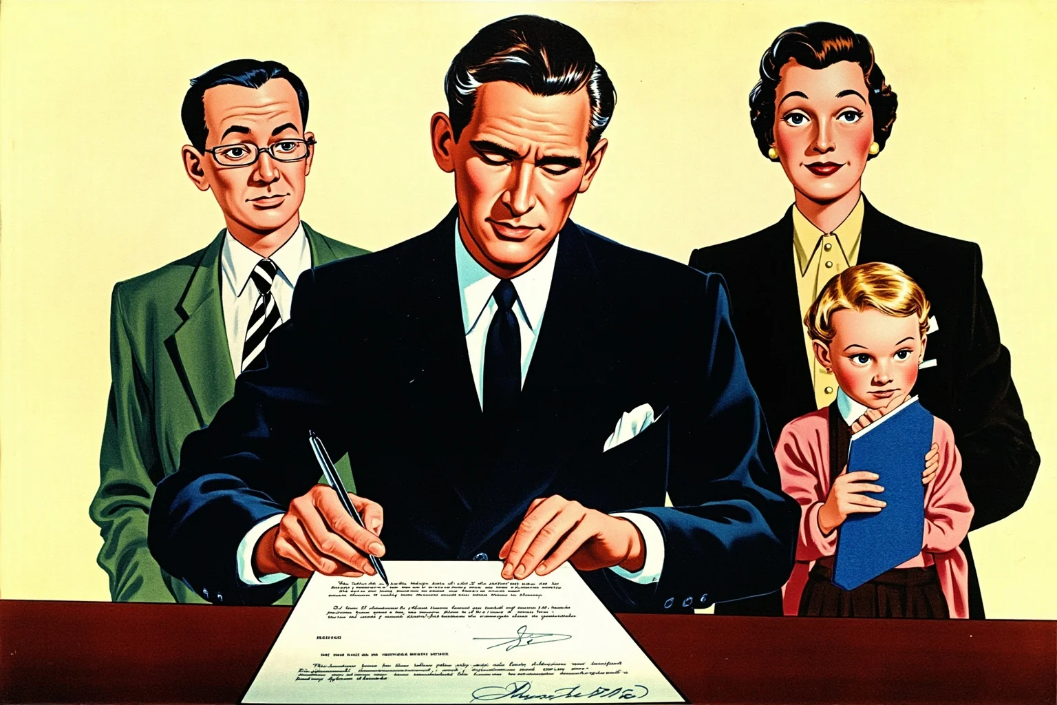Illustration of a 1940s-era president at a desk signing documents with advisors standing nearby