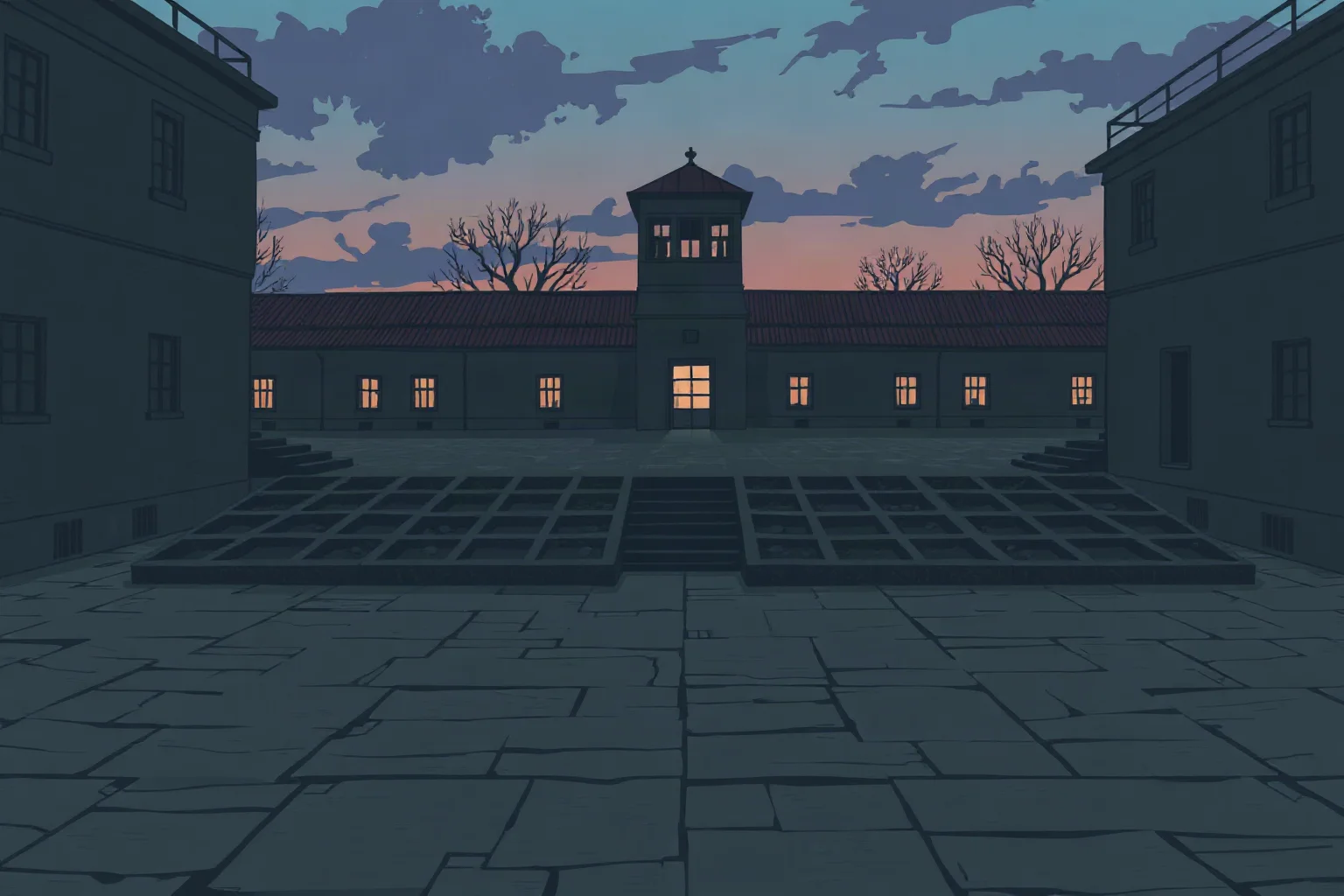 Illustration of a 1940s European prison courtyard at dawn, empty and shadowed