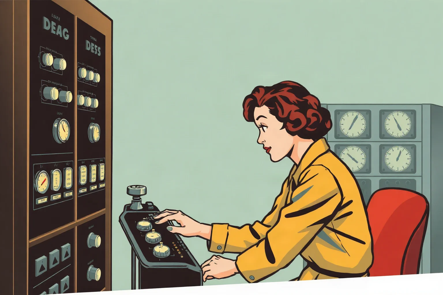 Illustration of a 1940s female engineer working at a large electromechanical computer panel
