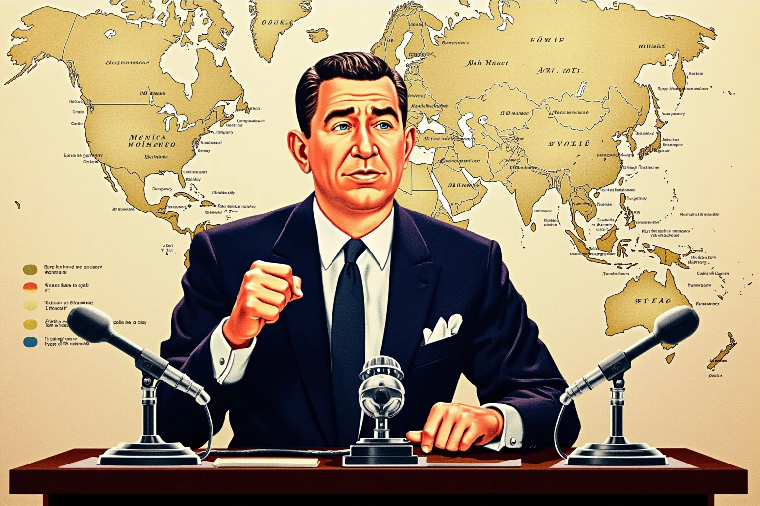 Illustration of a 1940s president delivering a radio address at a desk with microphones, wartime map on the wall behind