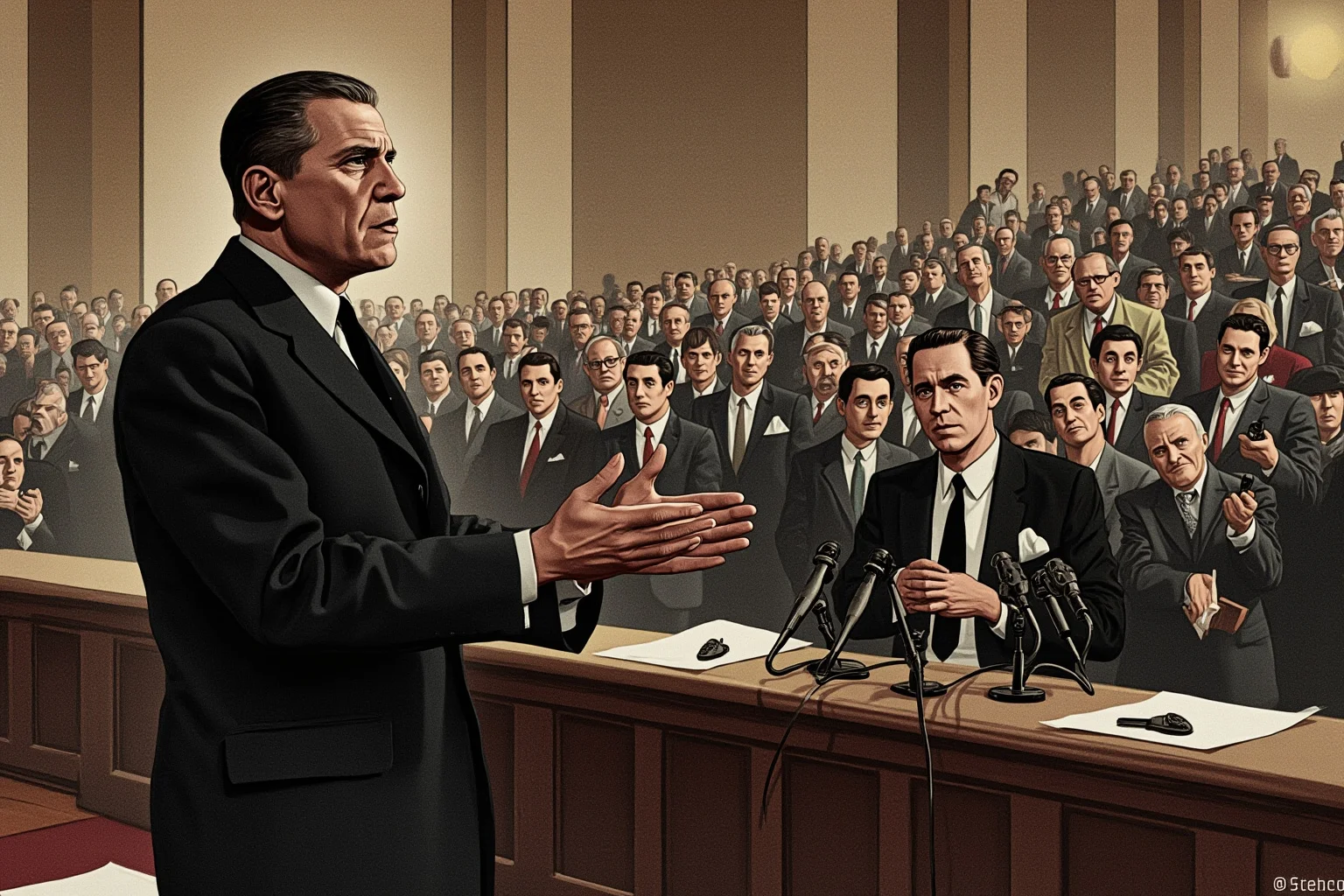 Illustration of a 1940s president speaking gravely to a packed congressional chamber, microphones and reporters visible
