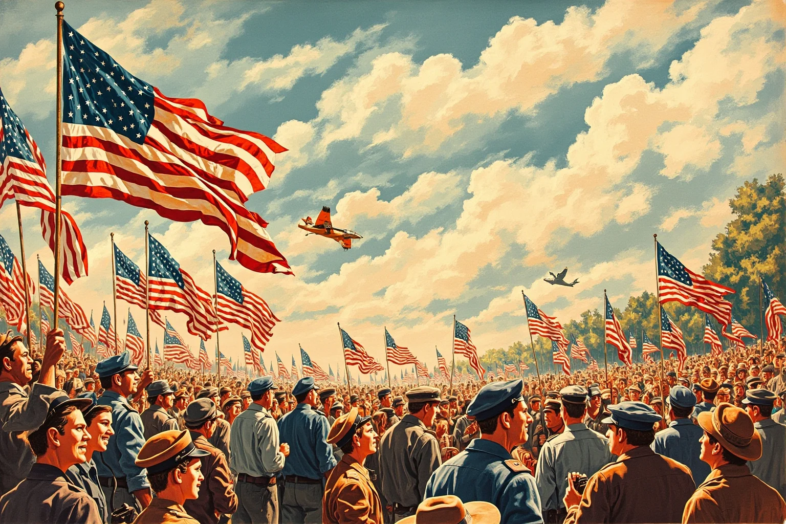 Illustration of a 1940s-style crowd gathered outdoors celebrating with flags, evoking a historic independence moment