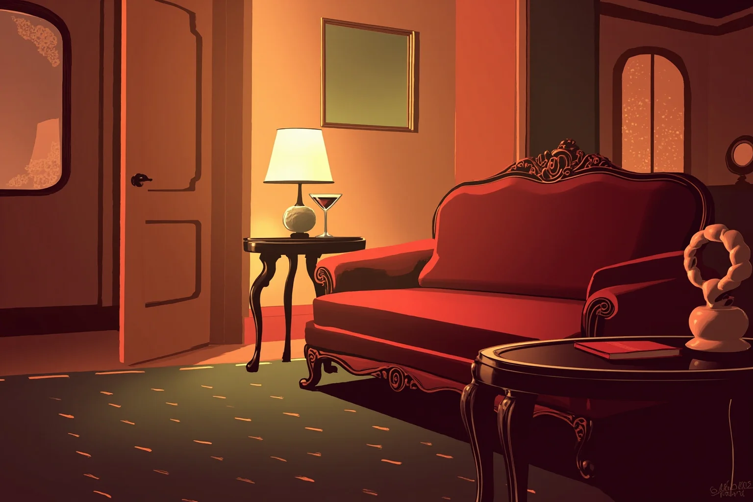 Illustration of a 1950s Hollywood-style living room interior with a cocktail glass on a side table, warm vintage lighting