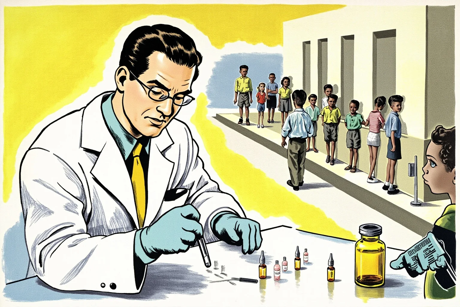 22 Historical Events That Will Restore Your Faith In Humanity 10 Illustration of a 1950s laboratory scientist examining vials of vaccine, with a line of children waiting outside a clinic