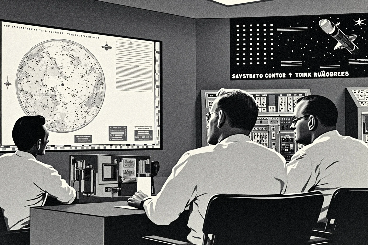 Facts About The Space Race: 25 Things Everyone Gets Wrong (or Right) 4 Illustration of a 1950s mission control room with engineers watching a large wall map and control panels