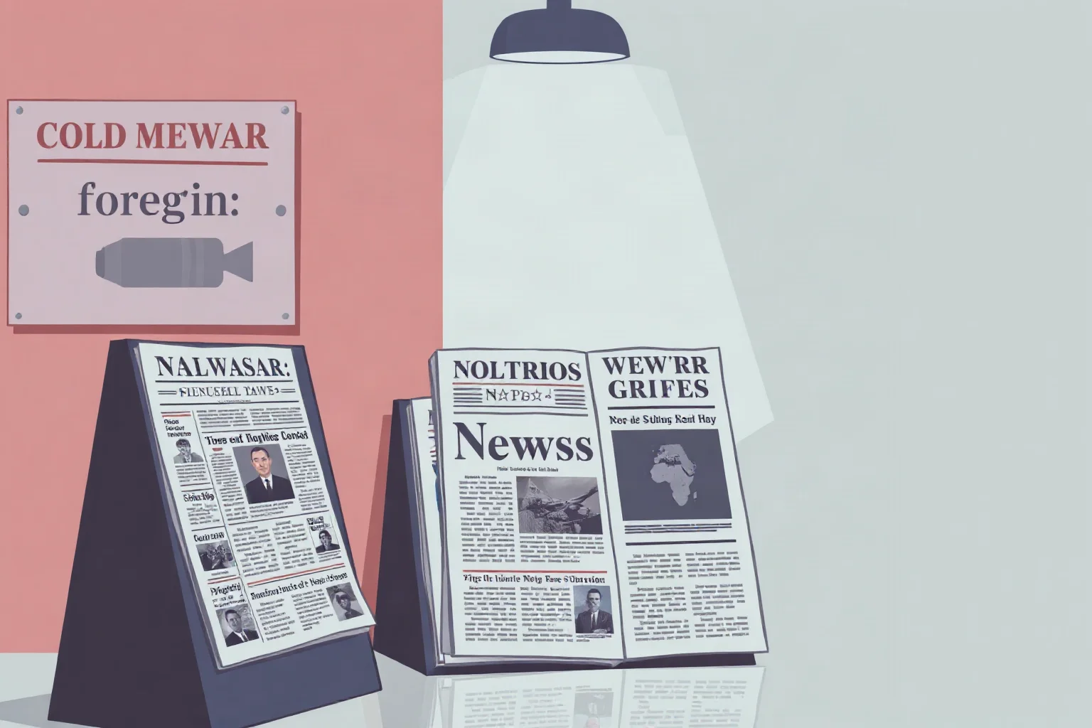 Illustration of a 1950s newspaper stand with generic foreign headlines, evoking Cold War-era news coverage