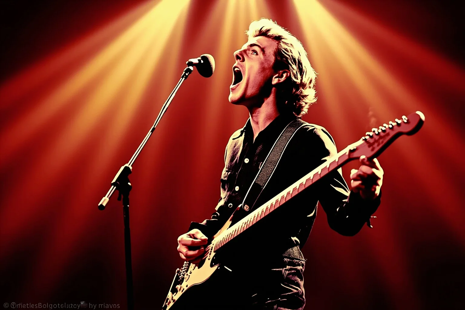 Illustration of a 1950s rock and roll performer singing energetically with a guitar, dynamic stage lighting, retro style