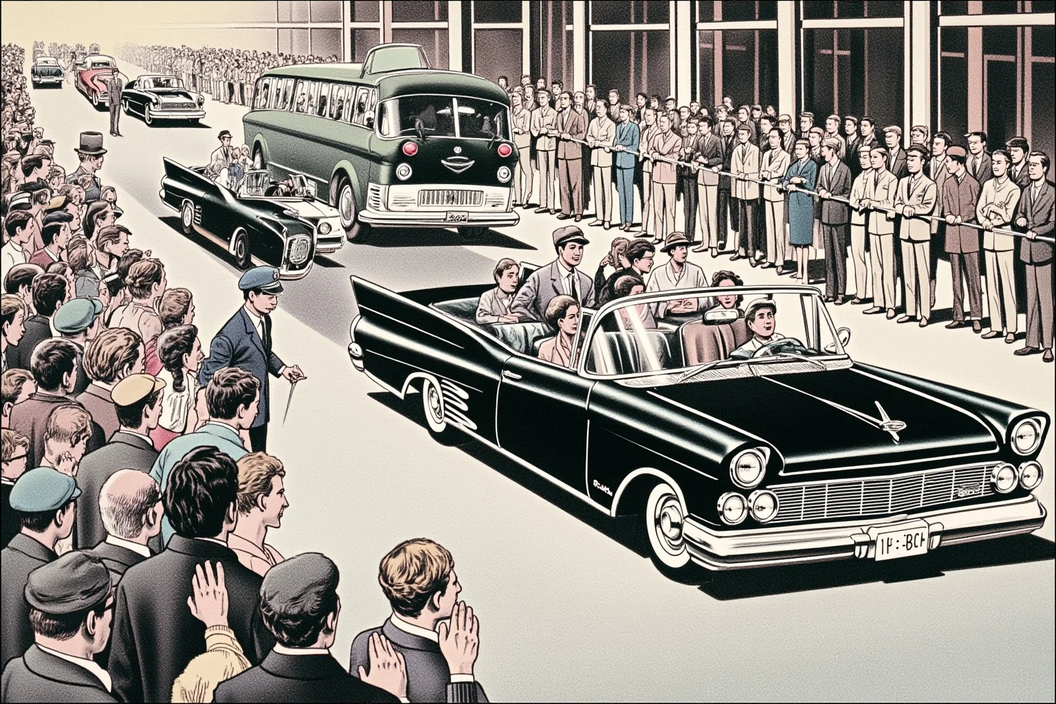 25 Most Memorable Dates in History (And Why They Still Matter) 22 Illustration of a 1960s American motorcade driving through a city street lined with onlookers