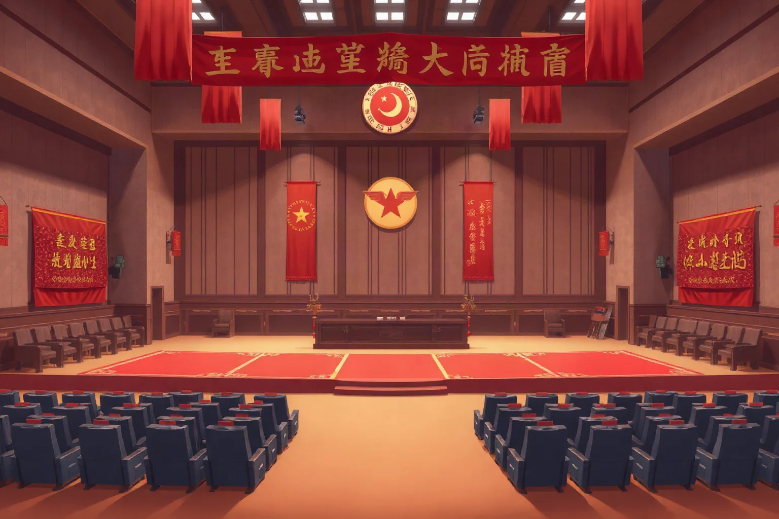 Illustration of a 1960s Chinese government hall with red banners and formal seating