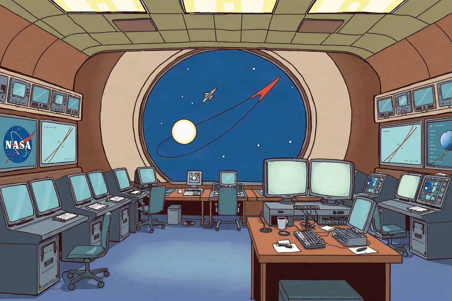 Illustration of a 1960s NASA mission control room with analog computer consoles
