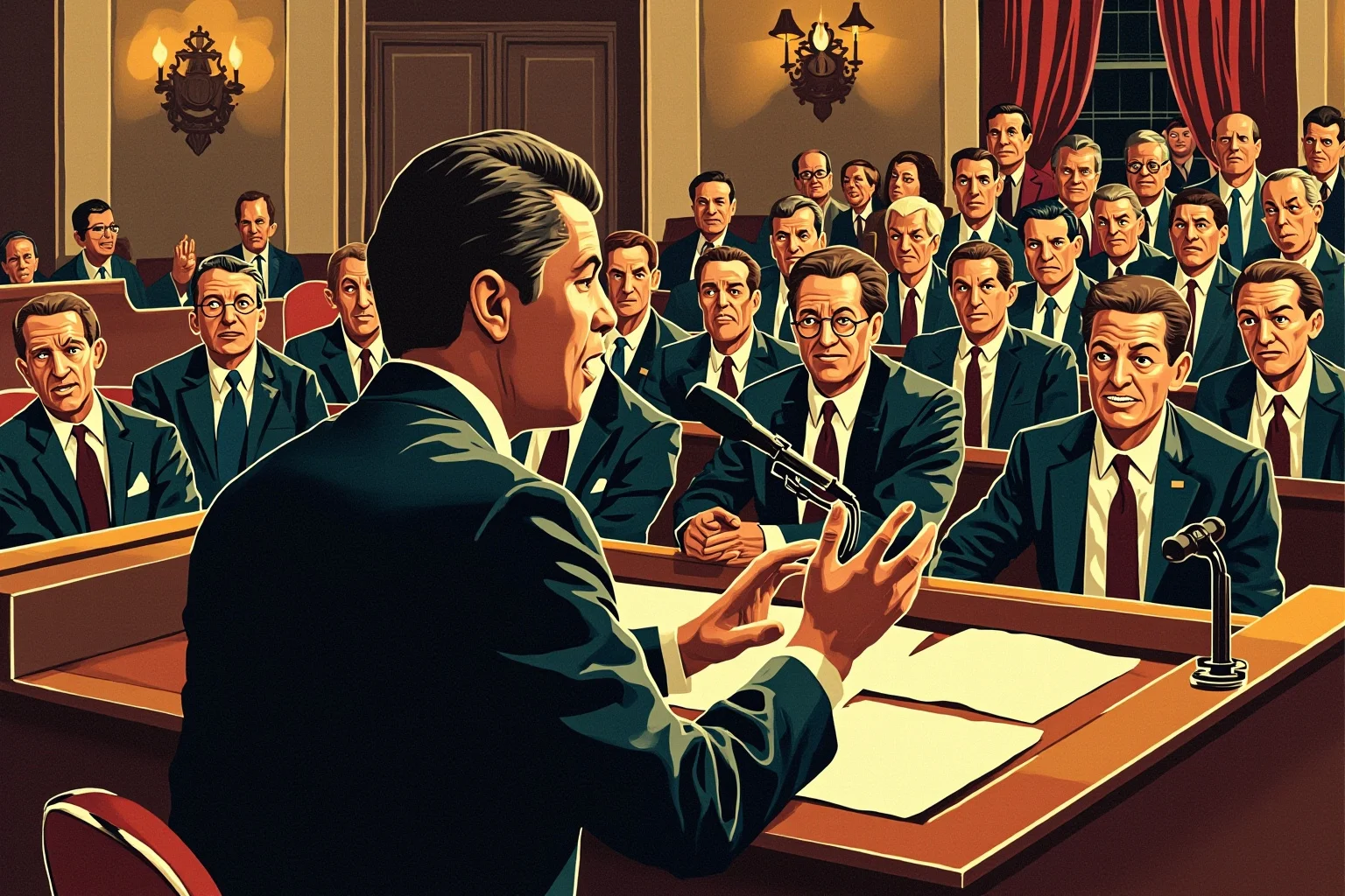 Illustration of a 1960s president addressing a full congressional joint session with intense expressions in the chamber