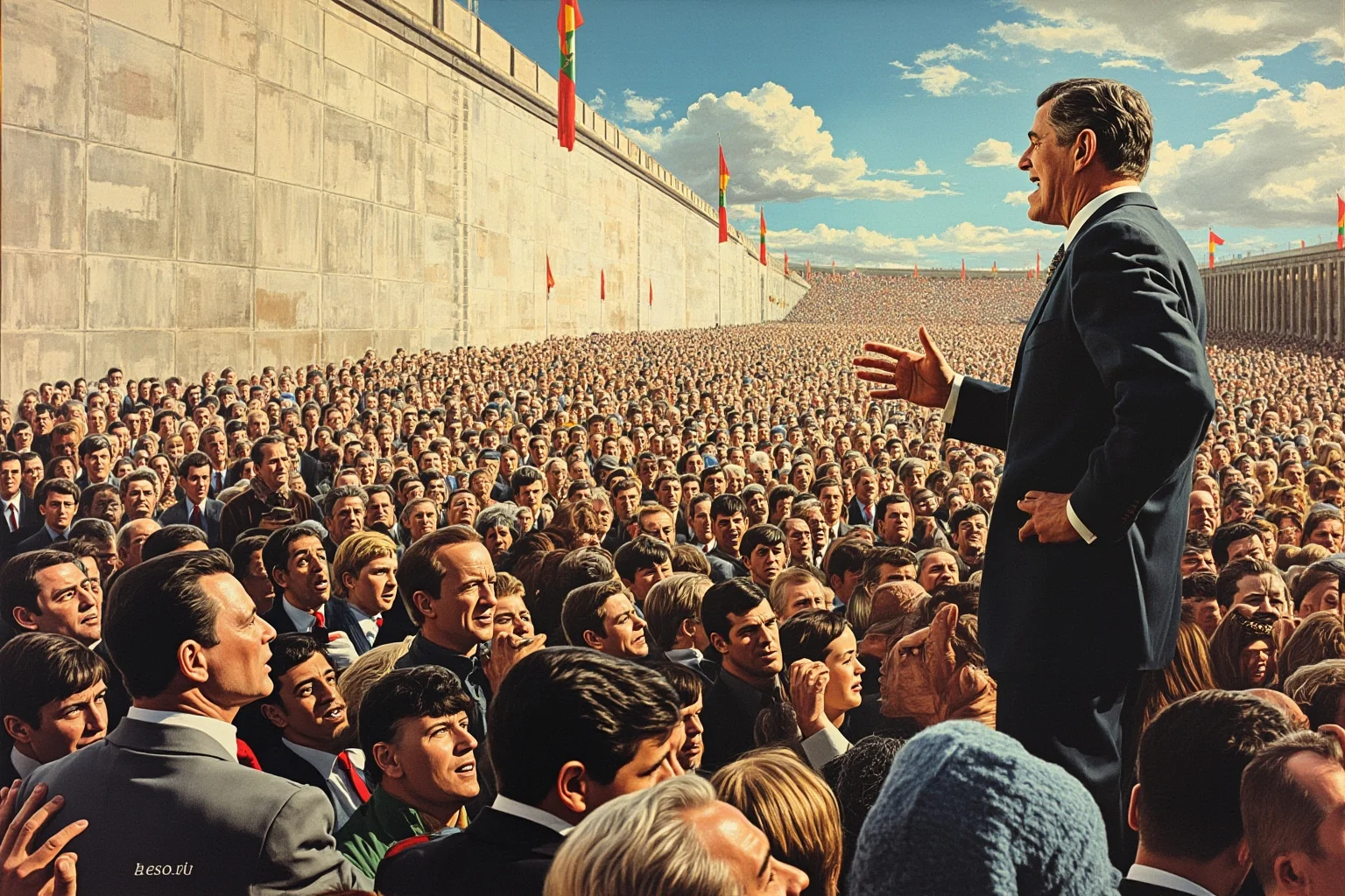 Illustration of a 1960s president speaking passionately to a massive outdoor European crowd near a concrete wall