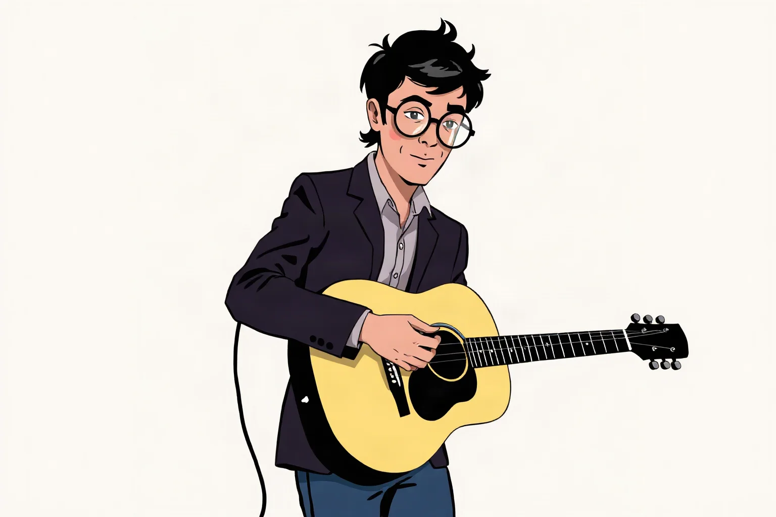 Illustration of a 1960s rock musician with round glasses playing an acoustic guitar on a small stage