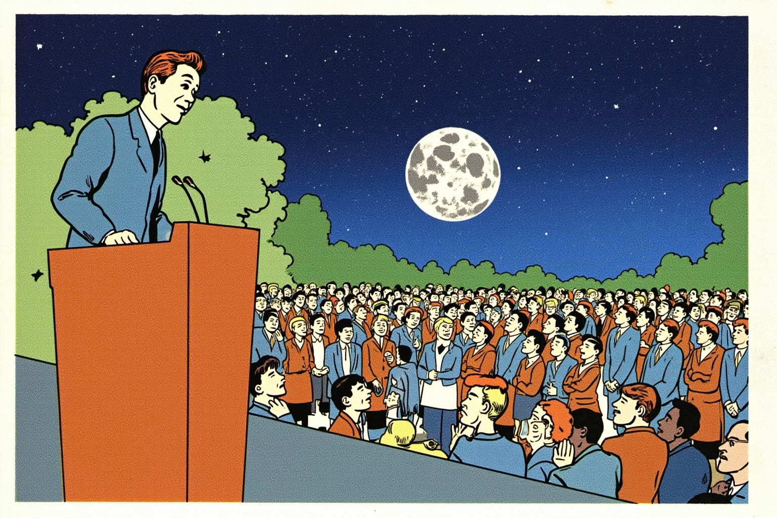 Facts About The Space Race: 25 Things Everyone Gets Wrong (or Right) 8 Illustration of a 1960s-style outdoor speech podium with a crowd looking up at a cartoon Moon in the sky