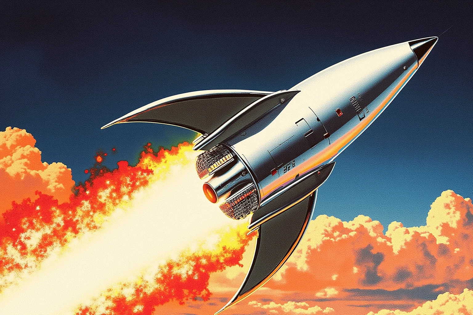 Illustration of a 1960s-style silver Mercury space capsule launching on a rocket with flames and smoke at liftoff