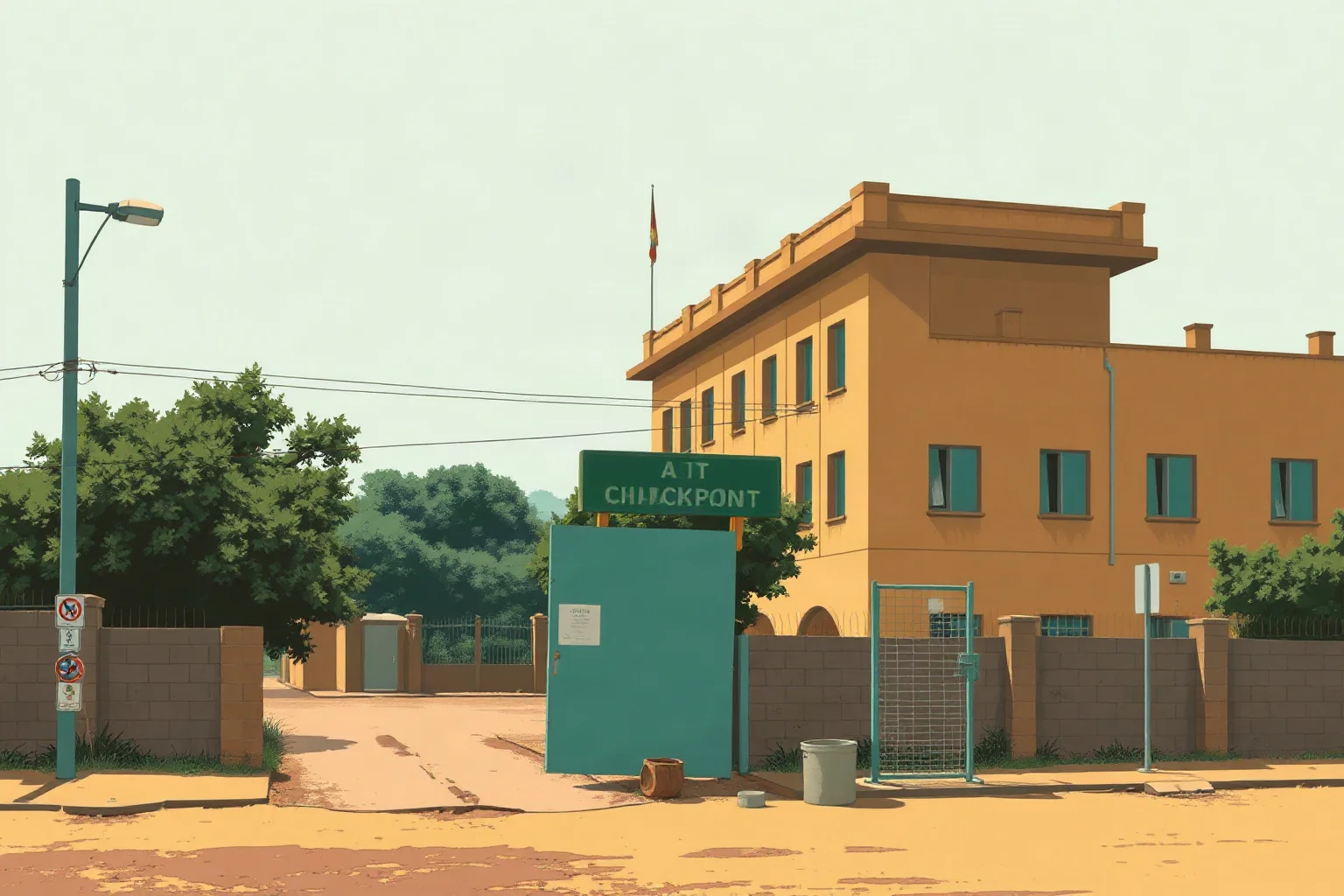 Illustration of a 1970s African capital city street with an abandoned checkpoint and old government building