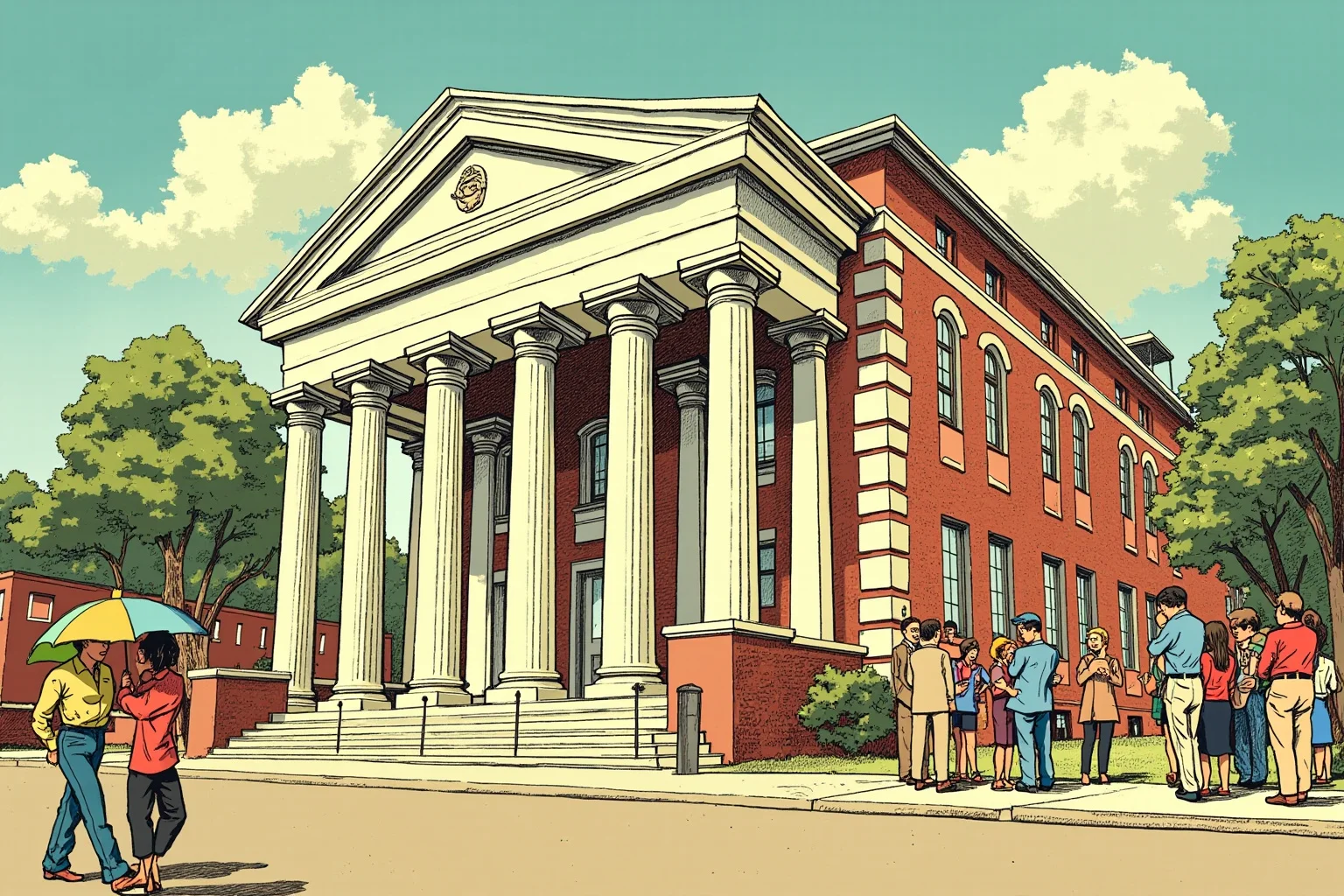 Illustration of a 1970s era government building with citizens gathered outside, retro color palette