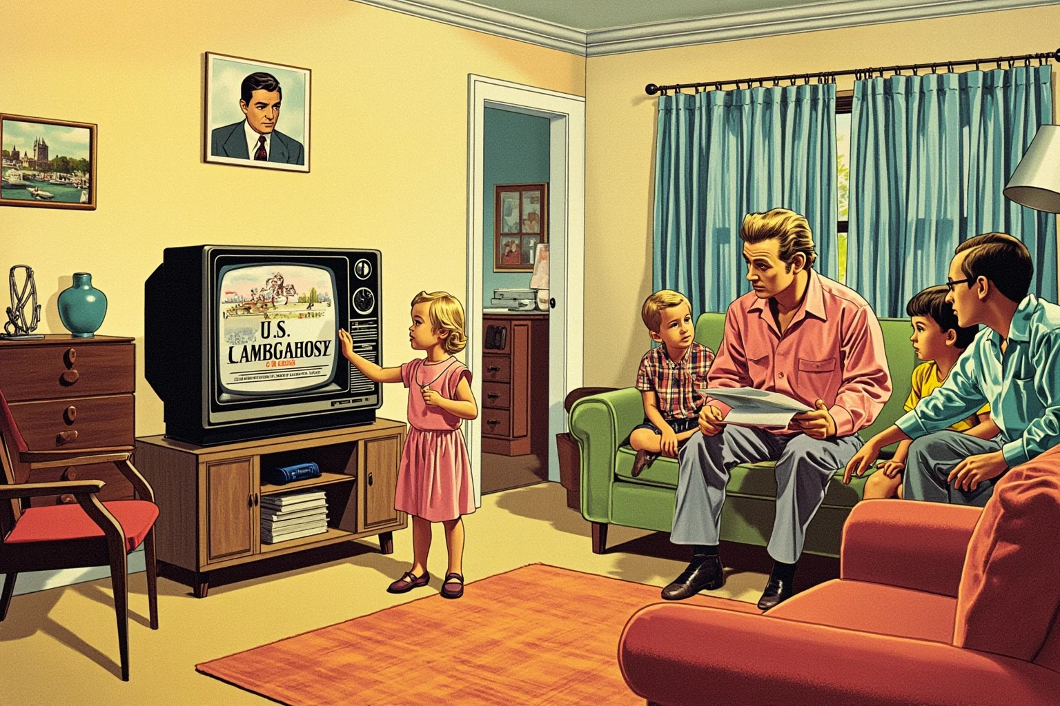 Illustration of a 1970s living room with a family watching news coverage on an old television